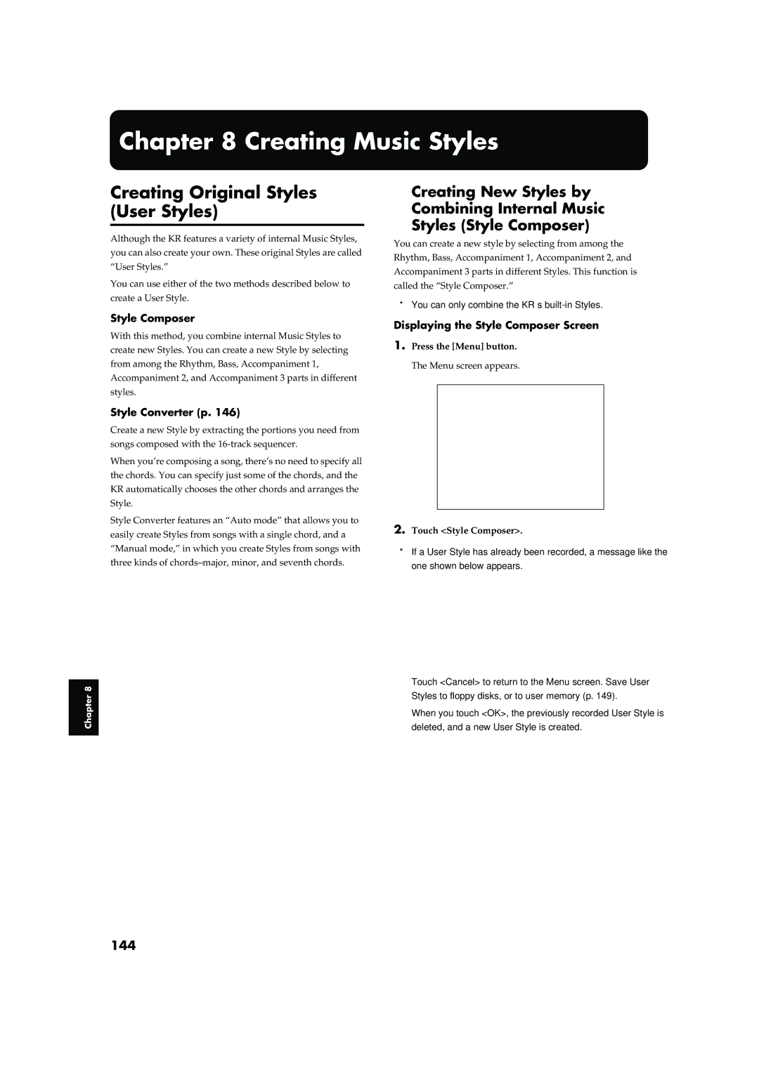 Roland KR-17, KR-15 owner manual Creating Original Styles User Styles, 144, Style Composer, Style Converter p 