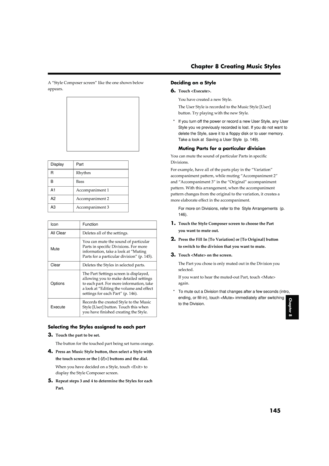 Roland KR-15, KR-17 owner manual Creating Music Styles, 145, Deciding on a Style, Muting Parts for a particular division 