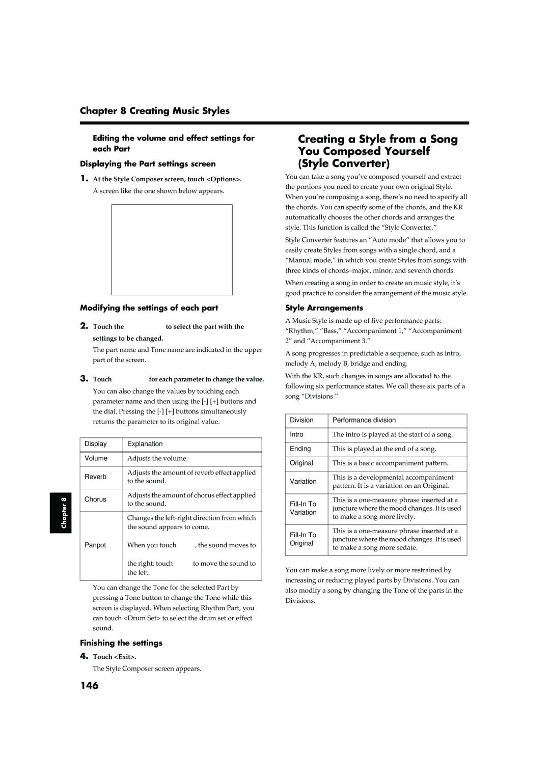 Roland KR-17, KR-15 owner manual 146, Modifying the settings of each part, Finishing the settings, Style Arrangements 