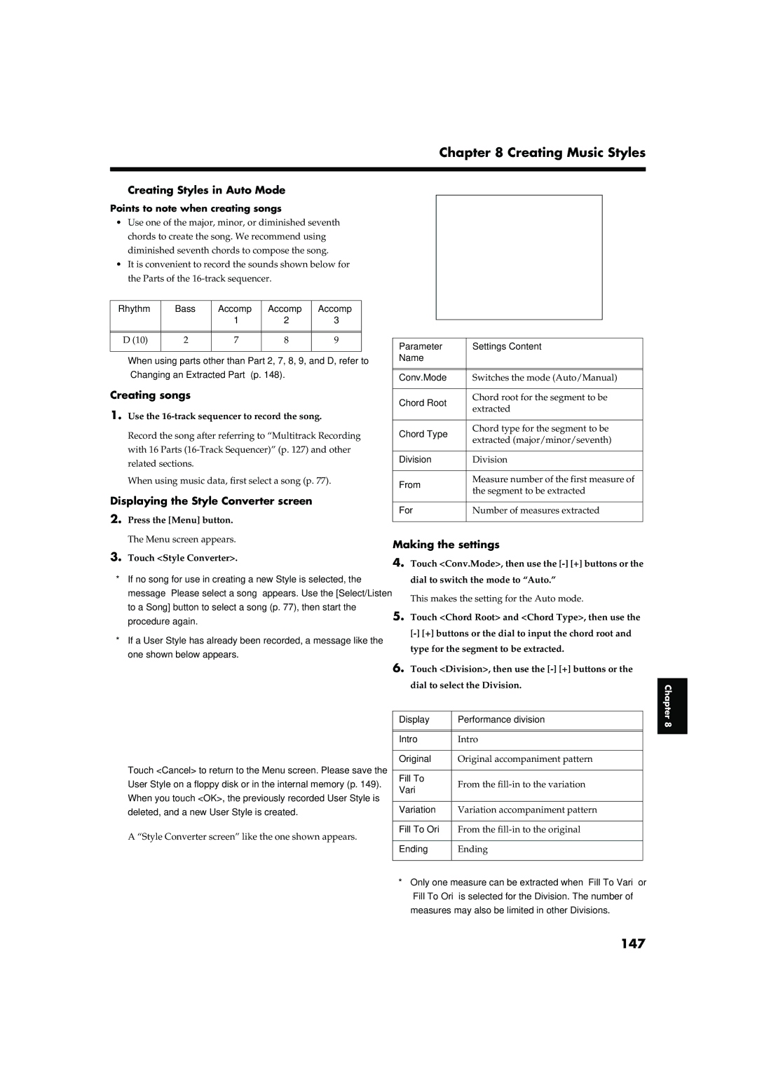 Roland KR-15 147, Creating Styles in Auto Mode, Creating songs, Displaying the Style Converter screen, Making the settings 