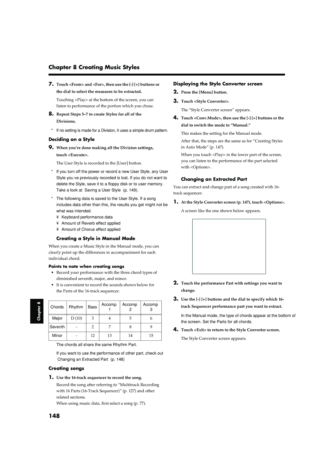 Roland KR-17, KR-15 owner manual 148, Creating a Style in Manual Mode, Changing an Extracted Part 