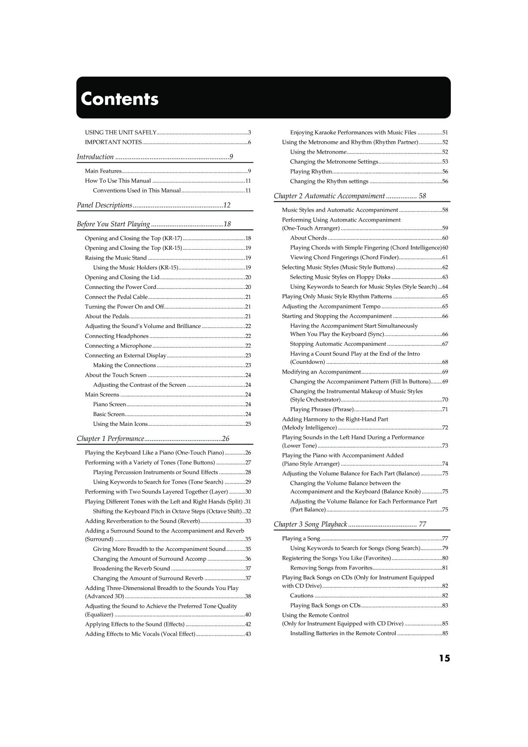 Roland KR-15, KR-17 owner manual Contents 