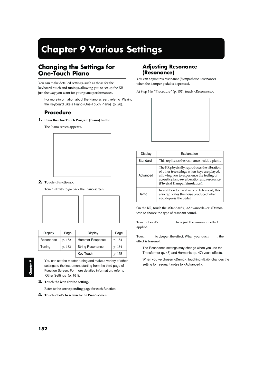 Roland KR-17, KR-15 Various Settings, Changing the Settings for One-Touch Piano, Procedure, Adjusting Resonance, 152 