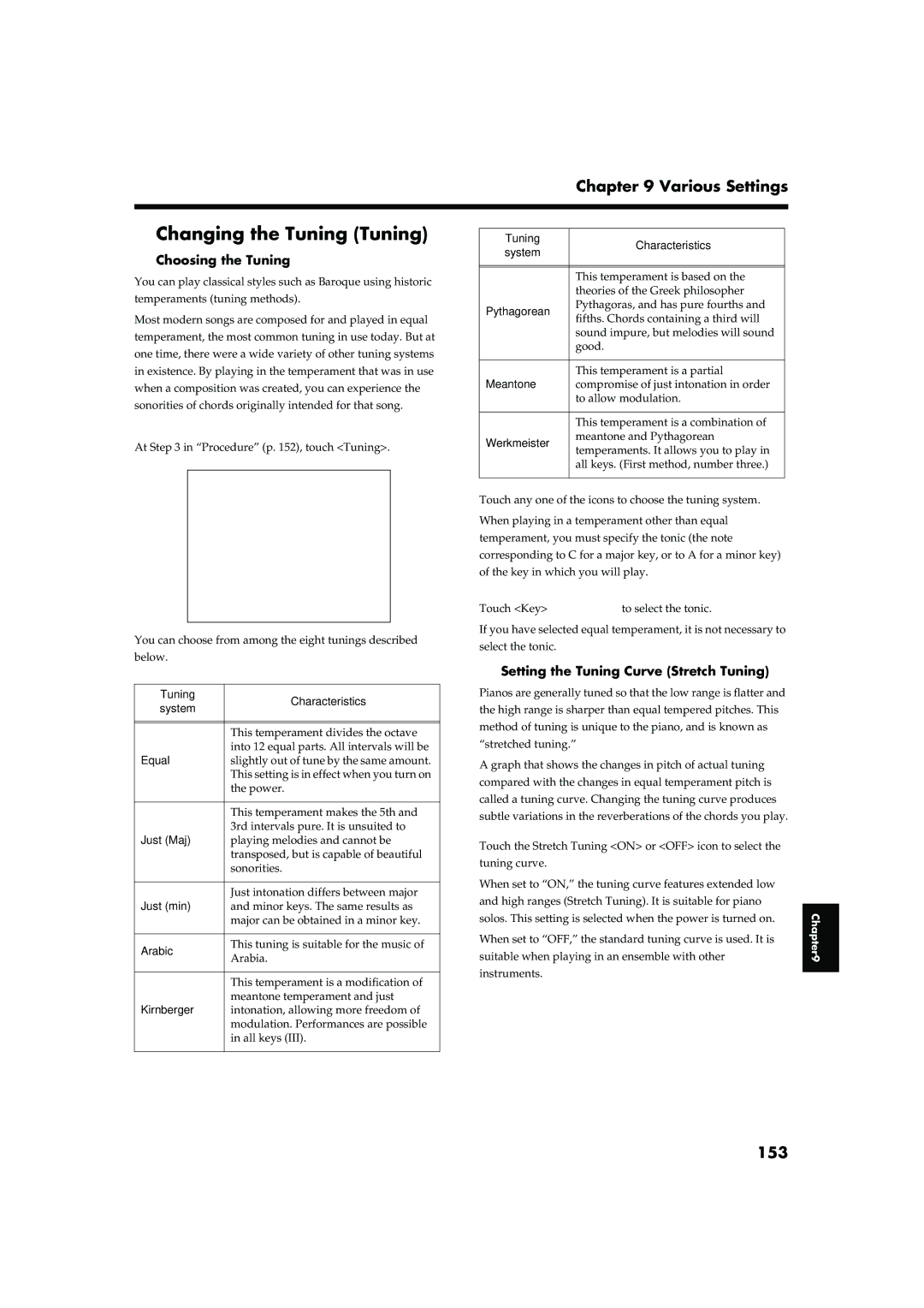 Roland KR-15, KR-17 owner manual Changing the Tuning Tuning, Various Settings, 153, Choosing the Tuning 