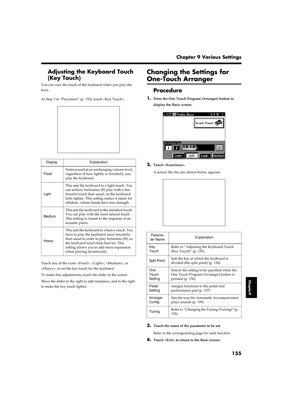 Roland KR-15, KR-17 owner manual Changing the Settings for One-Touch Arranger, Adjusting the Keyboard Touch Key Touch, 155 