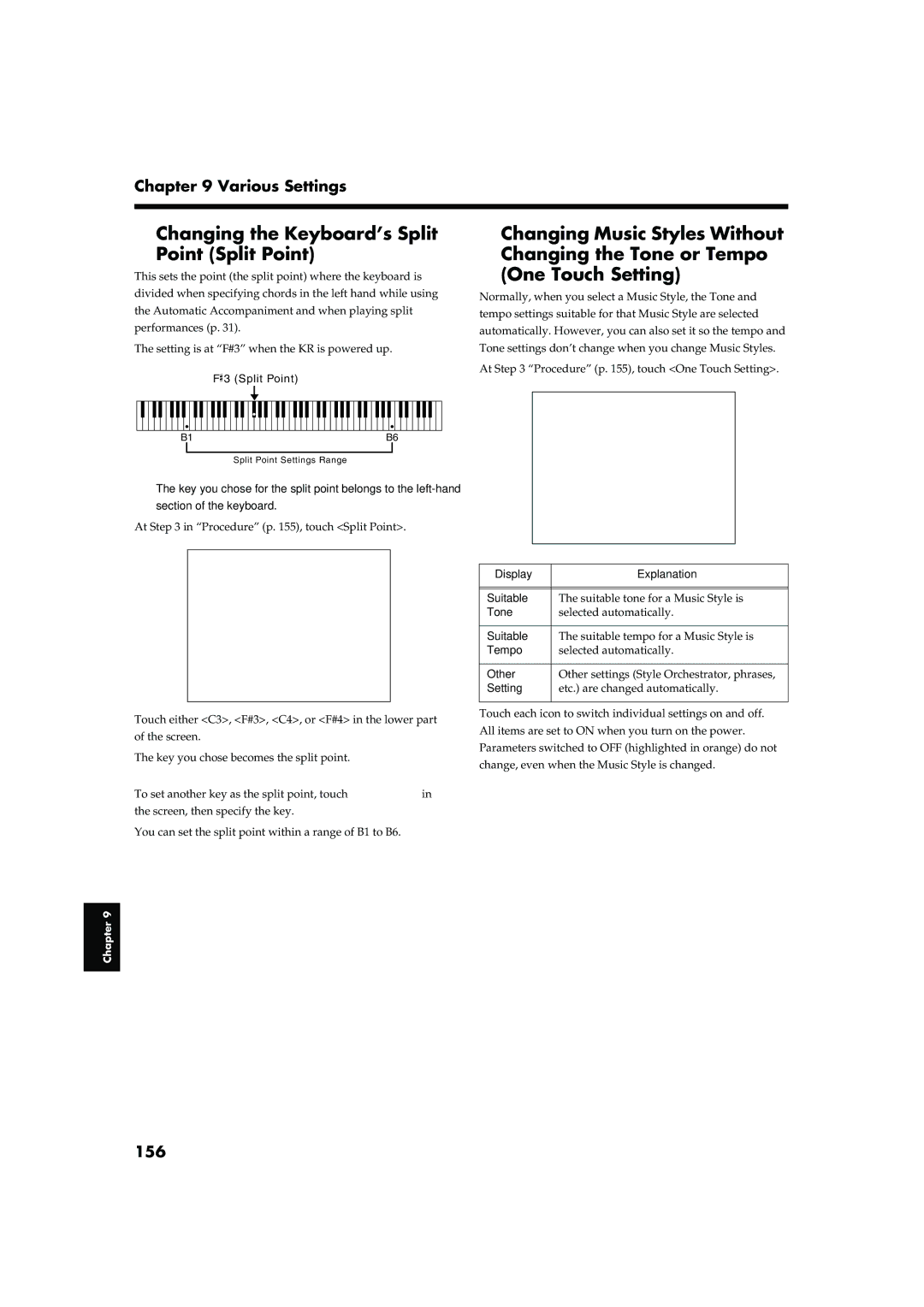 Roland KR-17, KR-15 owner manual Changing the Keyboard’s Split Point Split Point, 156, Display Explanation Suitable, Other 