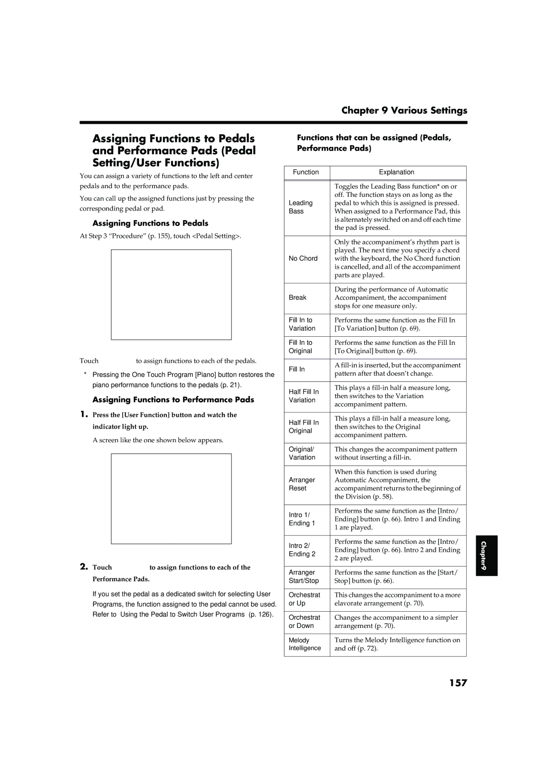 Roland KR-15, KR-17 owner manual Assigning Functions to Pedals, Performance Pads Pedal, Setting/User Functions, 157 