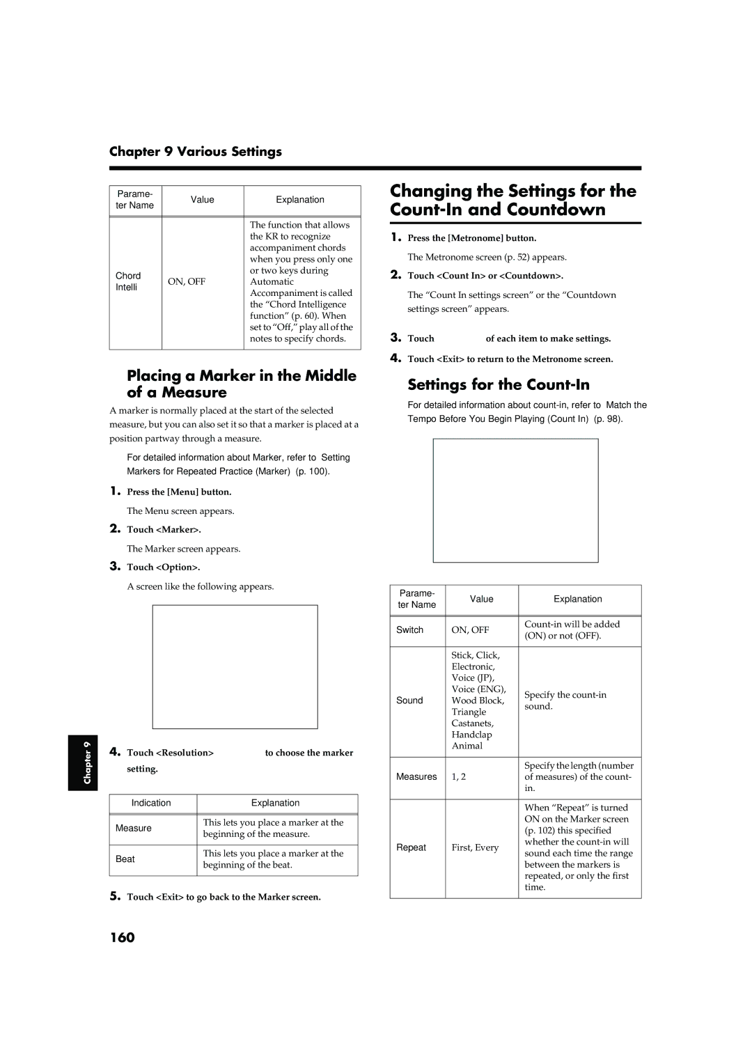 Roland KR-17, KR-15 Changing the Settings for the Count-In and Countdown, Placing a Marker in the Middle A Measure, 160 