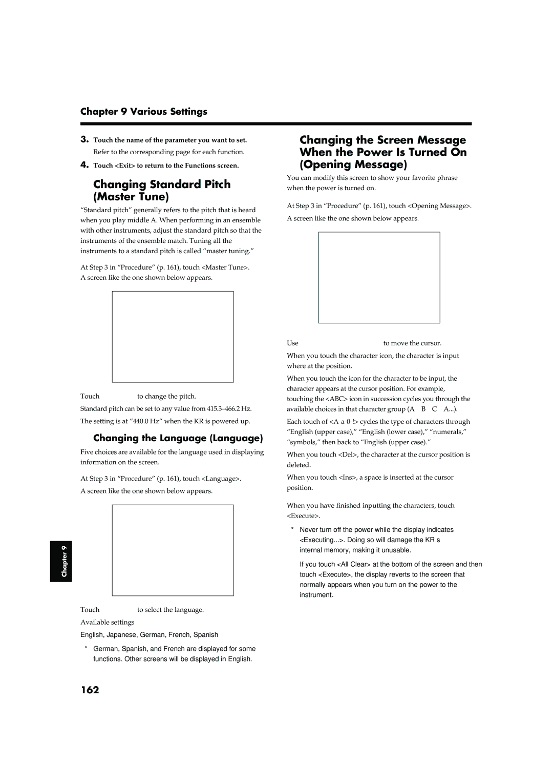 Roland KR-17, KR-15 owner manual Changing Standard Pitch Master Tune, Changing the Language Language, 162 