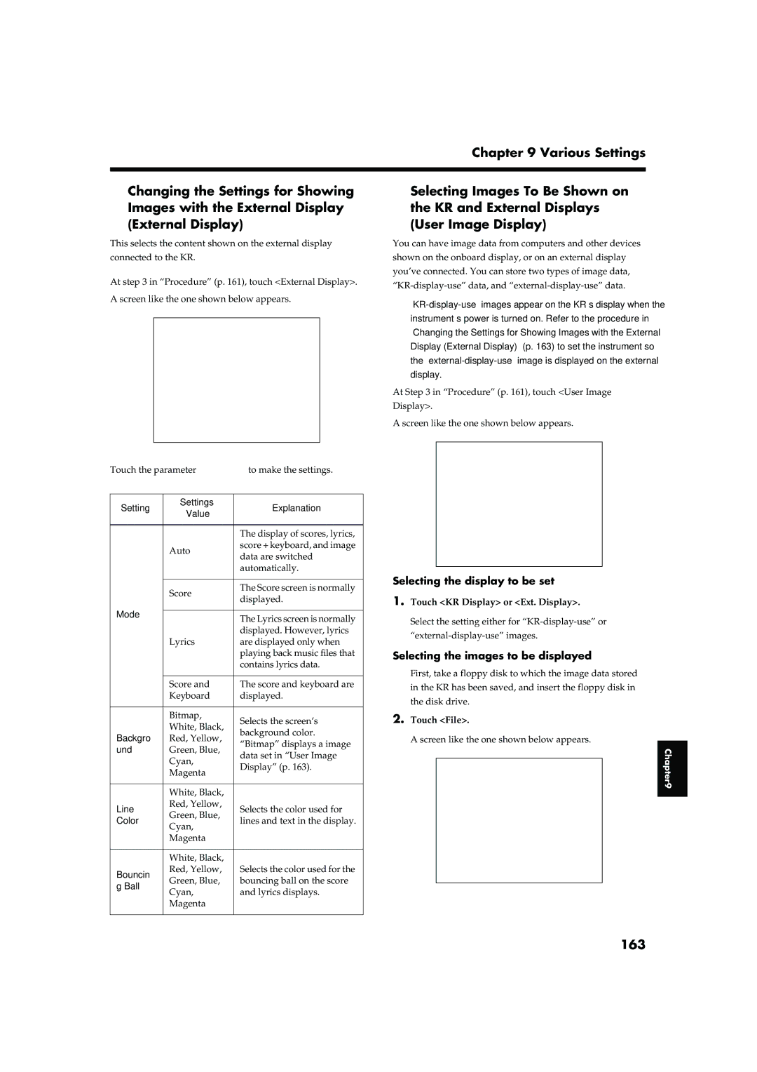 Roland KR-15, KR-17 owner manual 163, Selecting the display to be set, Selecting the images to be displayed 