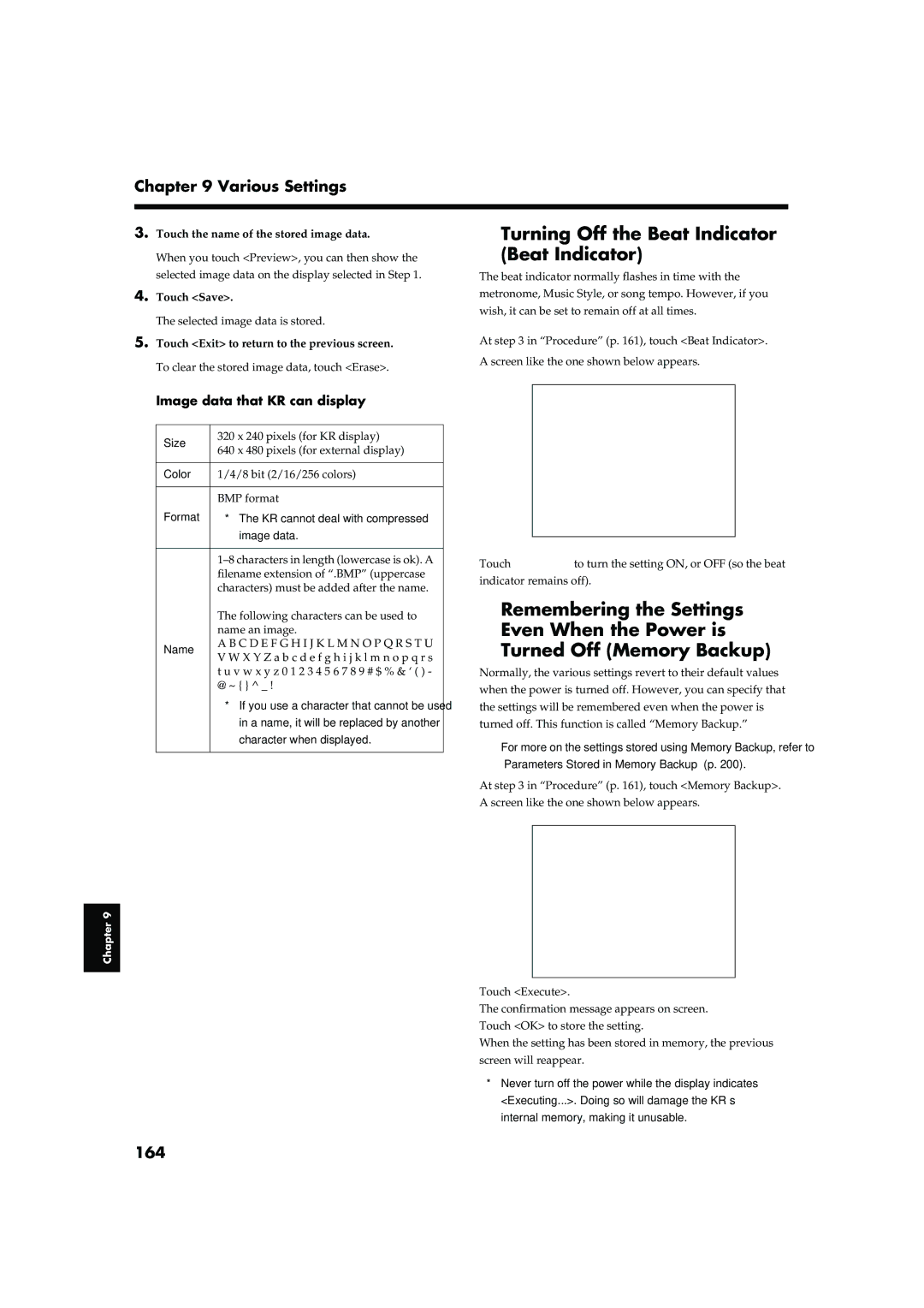 Roland KR-17, KR-15 owner manual Turning Off the Beat Indicator, 164, Image data that KR can display, Size, Format 