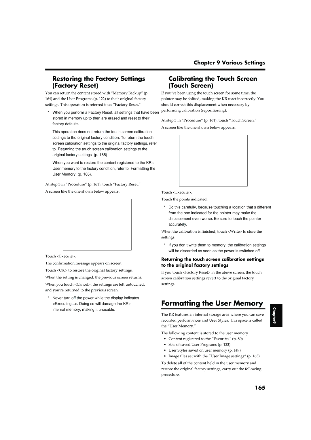 Roland KR-15 Formatting the User Memory, Restoring the Factory Settings Factory Reset, Calibrating the Touch Screen, 165 