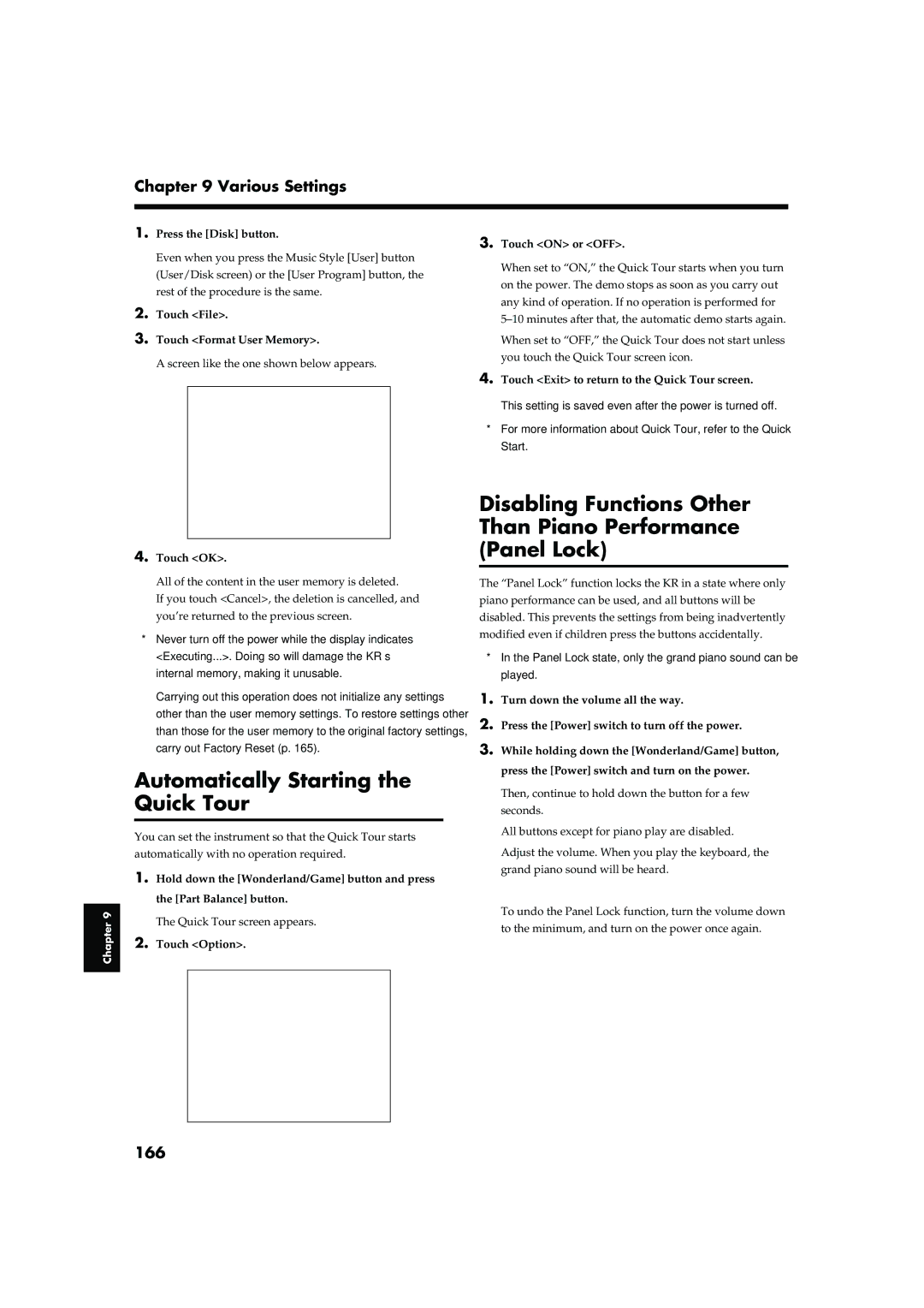 Roland KR-17 Disabling Functions Other Than Piano Performance Panel Lock, Automatically Starting the Quick Tour, 166 
