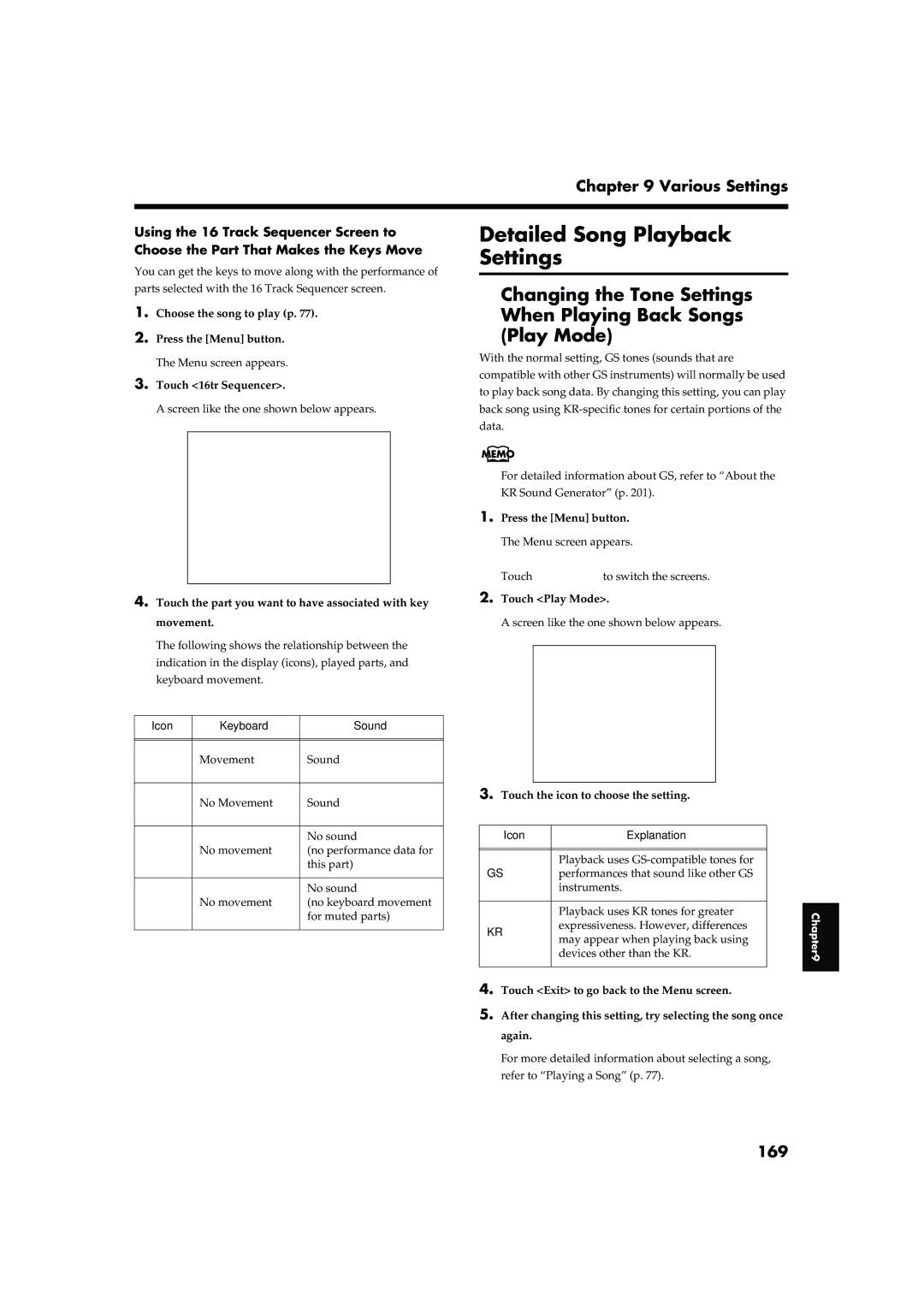 Roland KR-15, KR-17 owner manual Detailed Song Playback Settings, 169, Icon Keyboard Sound, Touch Play Mode 