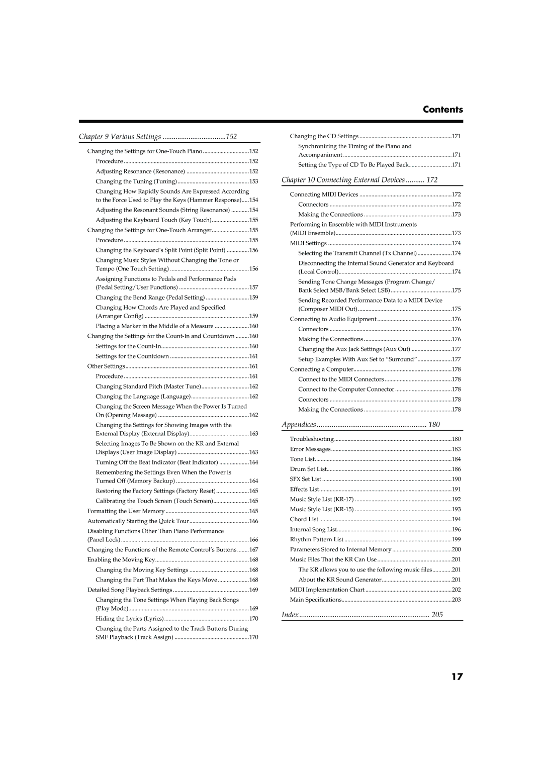 Roland KR-15, KR-17 owner manual Various Settings, Appendices, Index 