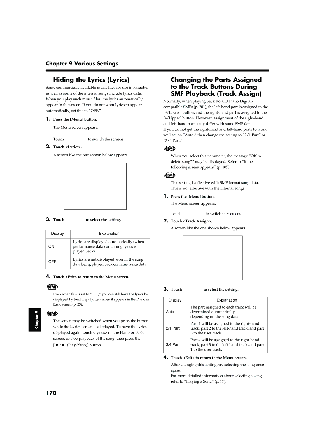 Roland KR-17, KR-15 owner manual Hiding the Lyrics Lyrics, 170, Display Explanation Auto 