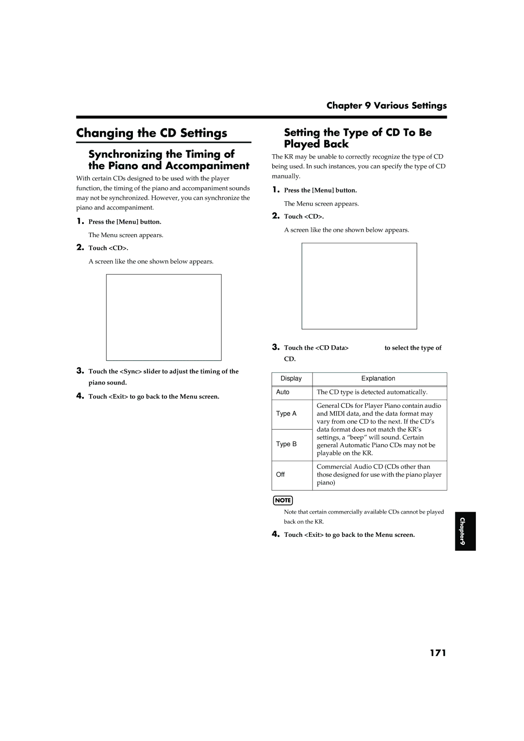 Roland KR-15, KR-17 owner manual Changing the CD Settings, Synchronizing the Timing Piano and Accompaniment, 171 