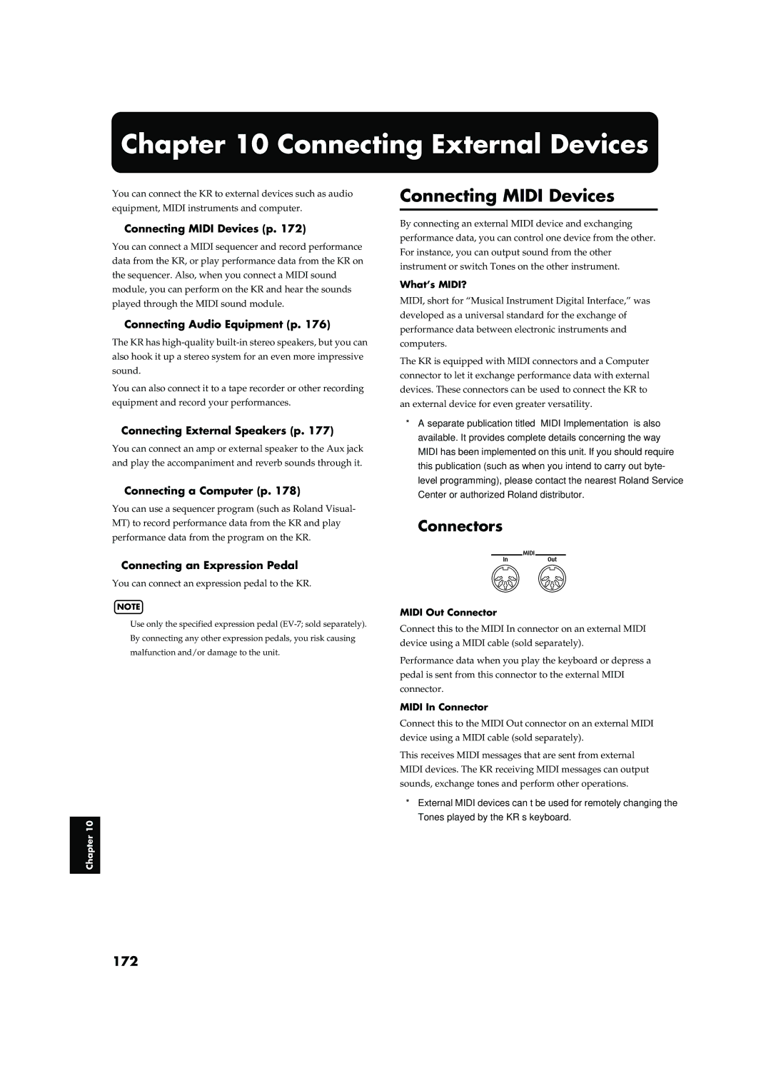 Roland KR-17, KR-15 owner manual Connecting External Devices, Connecting Midi Devices, Connectors, 172 