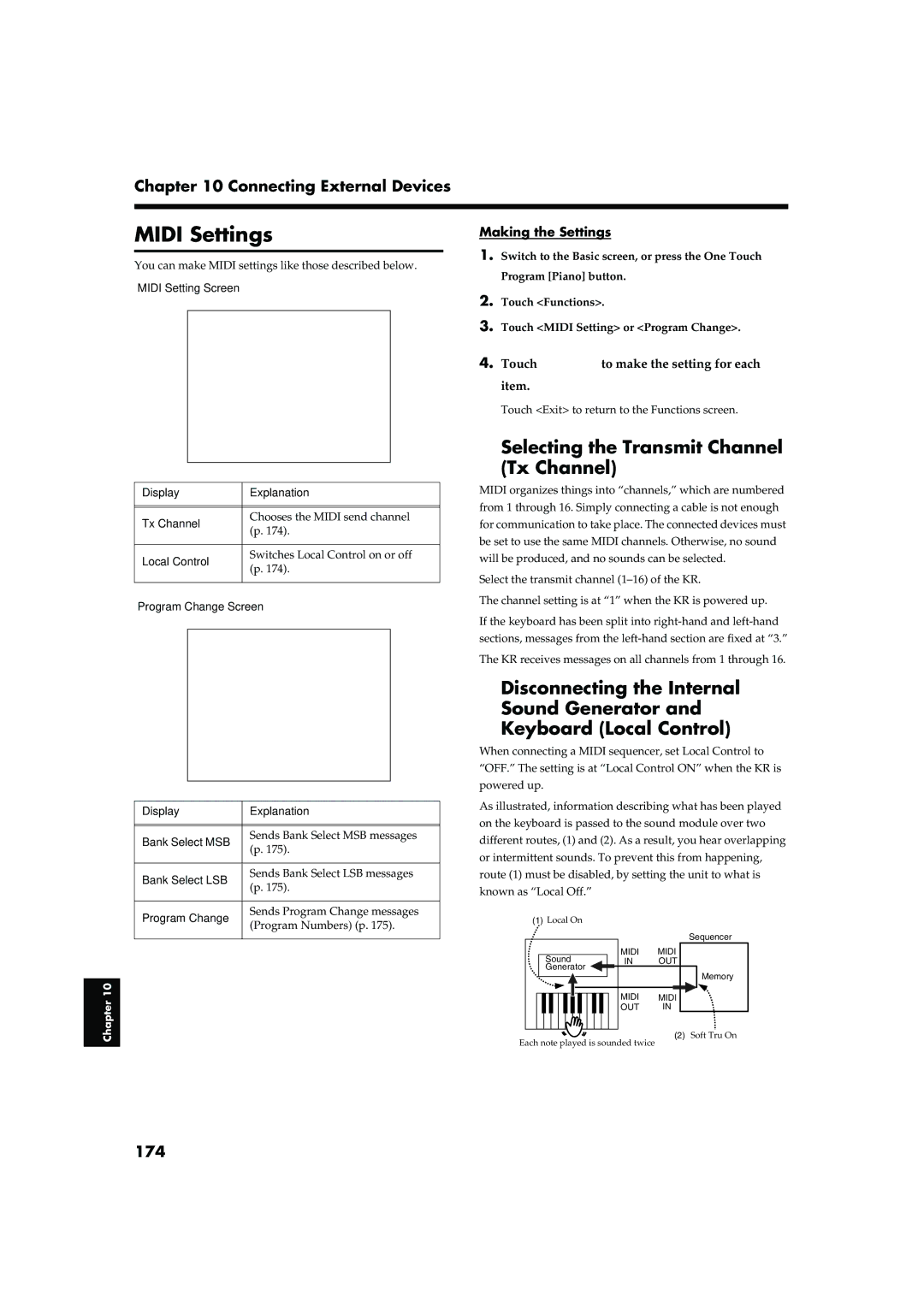 Roland KR-17, KR-15 Midi Settings, Selecting the Transmit Channel Tx Channel, 174, Touch to make the setting for each item 