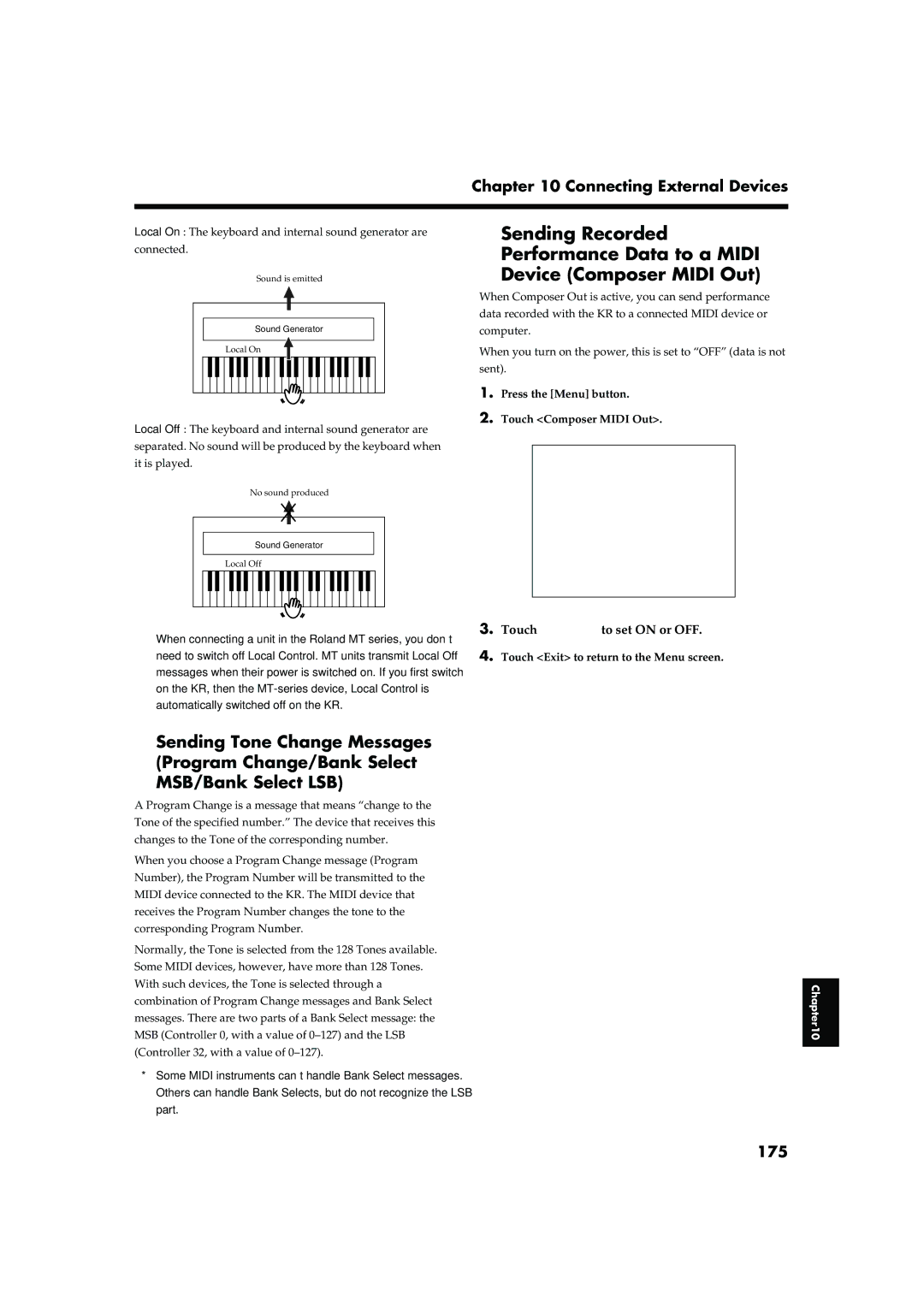 Roland KR-15, KR-17 owner manual Sending Recorded, Performance Data to a Midi, Device Composer Midi Out, 175 