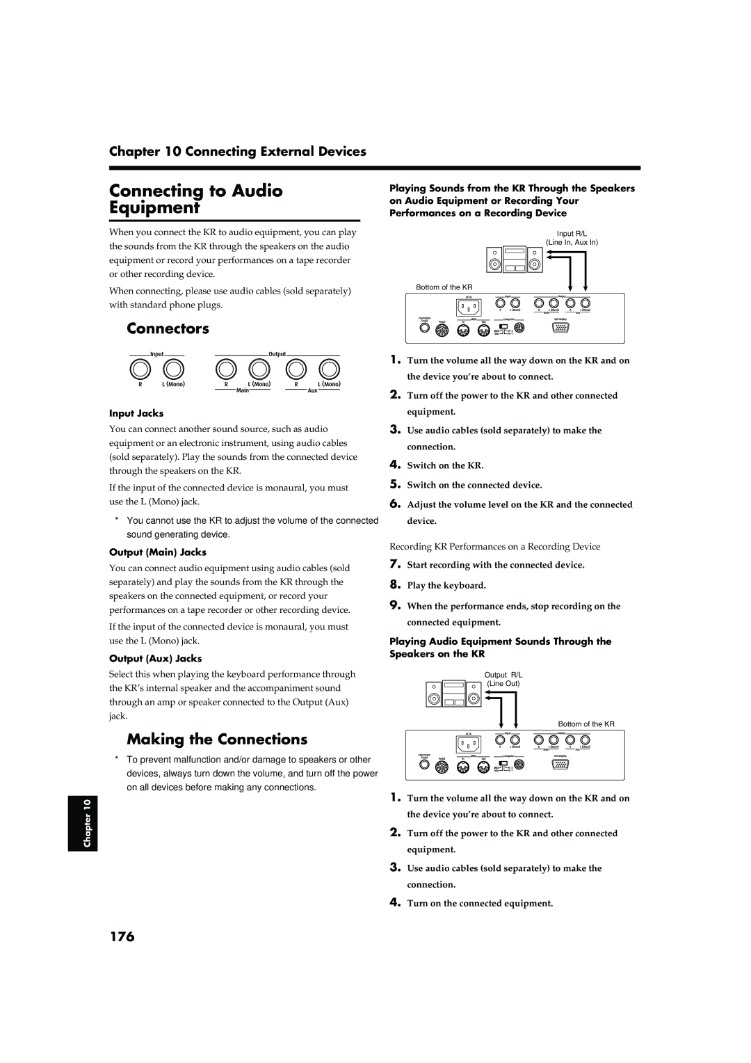 Roland KR-17, KR-15 owner manual Connecting to Audio Equipment, 176, Output Main Jacks, Output Aux Jacks 