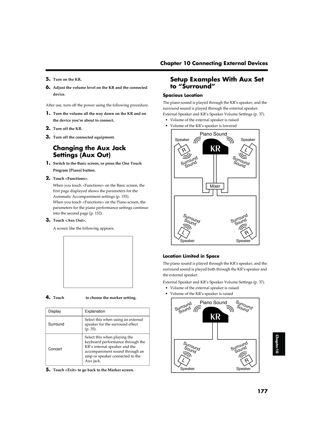 Roland KR-15 Changing the Aux Jack Settings Aux Out, Setup Examples With Aux Set to Surround, 177, Spacious Location 