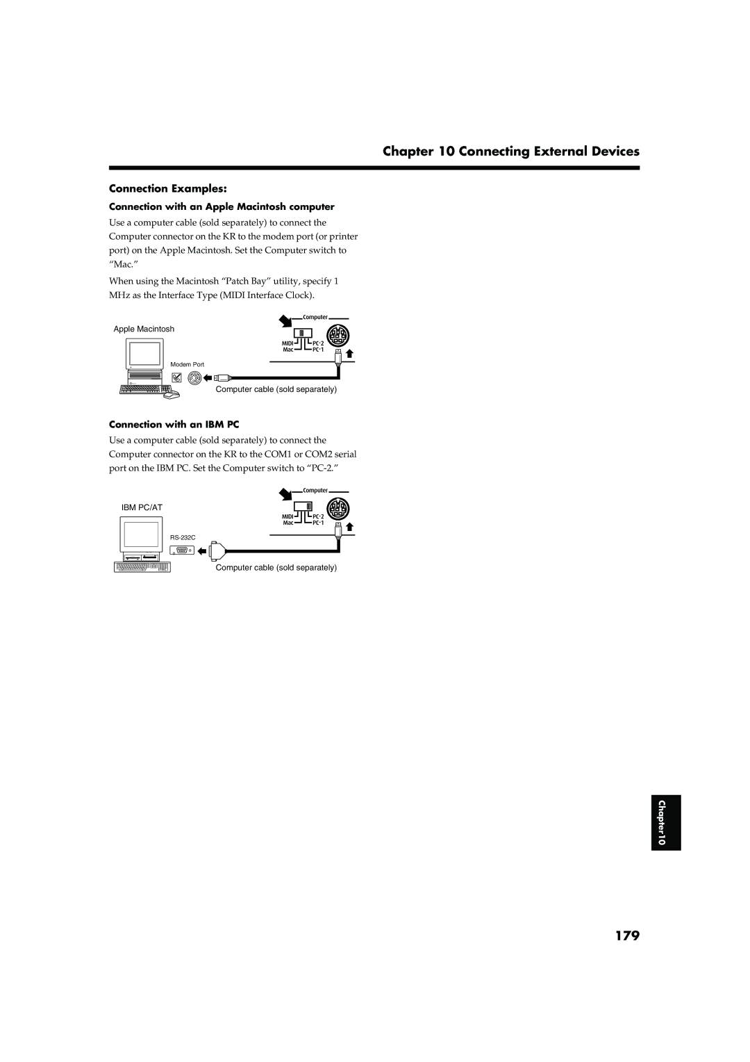 Roland KR-15, KR-17 owner manual 179, Connection with an Apple Macintosh computer, Connection with an IBM PC 