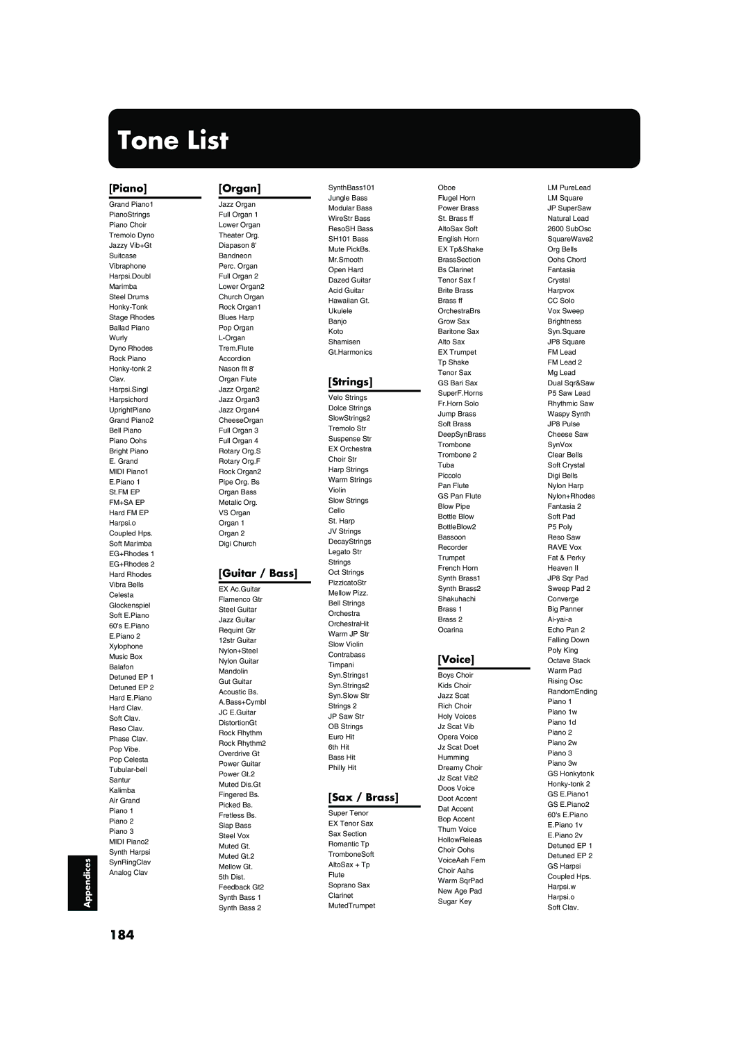 Roland KR-17, KR-15 owner manual Tone List, 184 