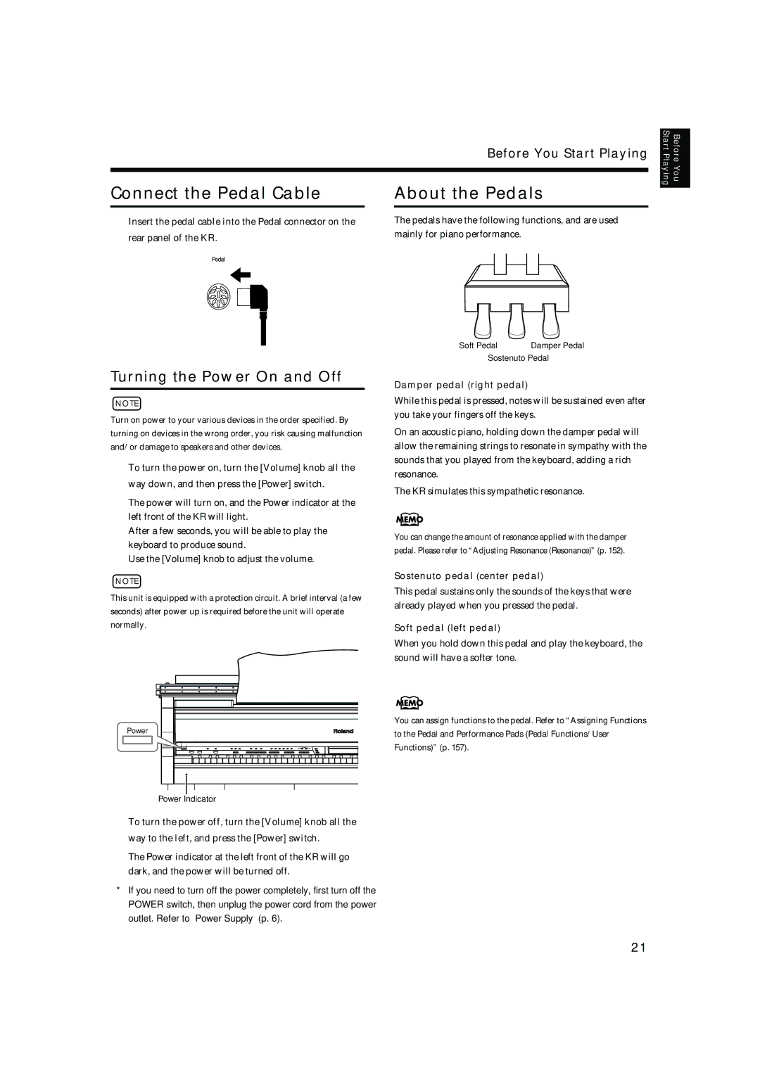 Roland KR-15, KR-17 Connect the Pedal Cable About the Pedals, Turning the Power On and Off, Damper pedal right pedal 