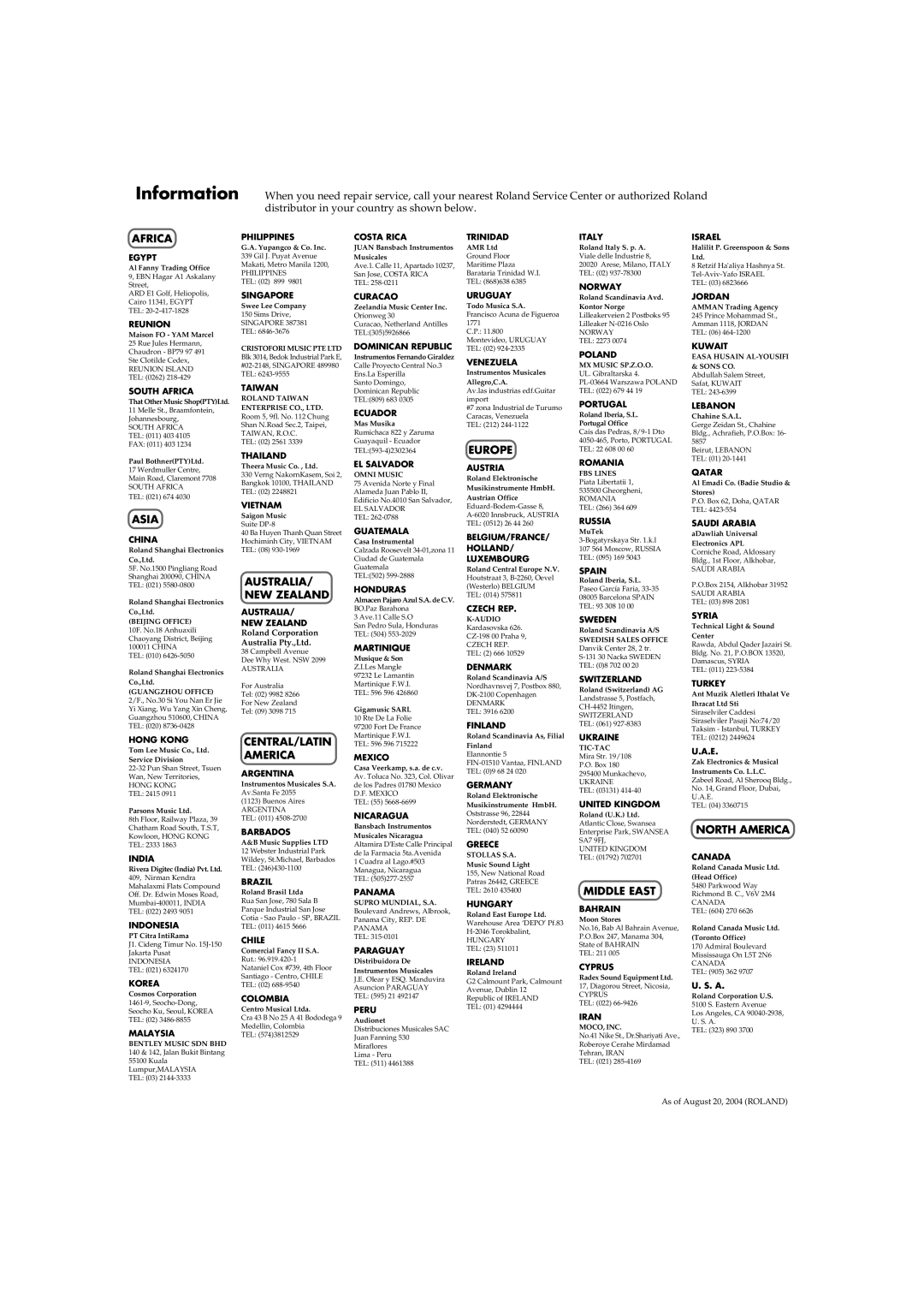 Roland KR-17, KR-15 owner manual Information 