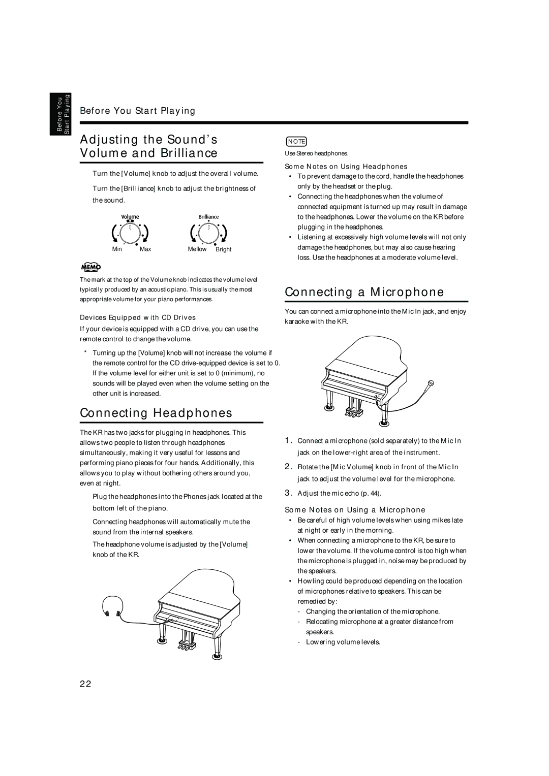 Roland KR-17, KR-15 owner manual Adjusting the Sound’s Volume and Brilliance, Connecting a Microphone, Connecting Headphones 