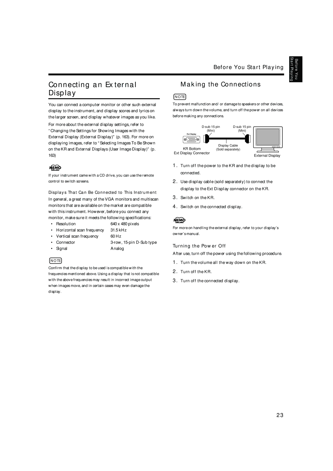 Roland KR-15, KR-17 owner manual Connecting an External Display, Making the Connections, Turning the Power Off 