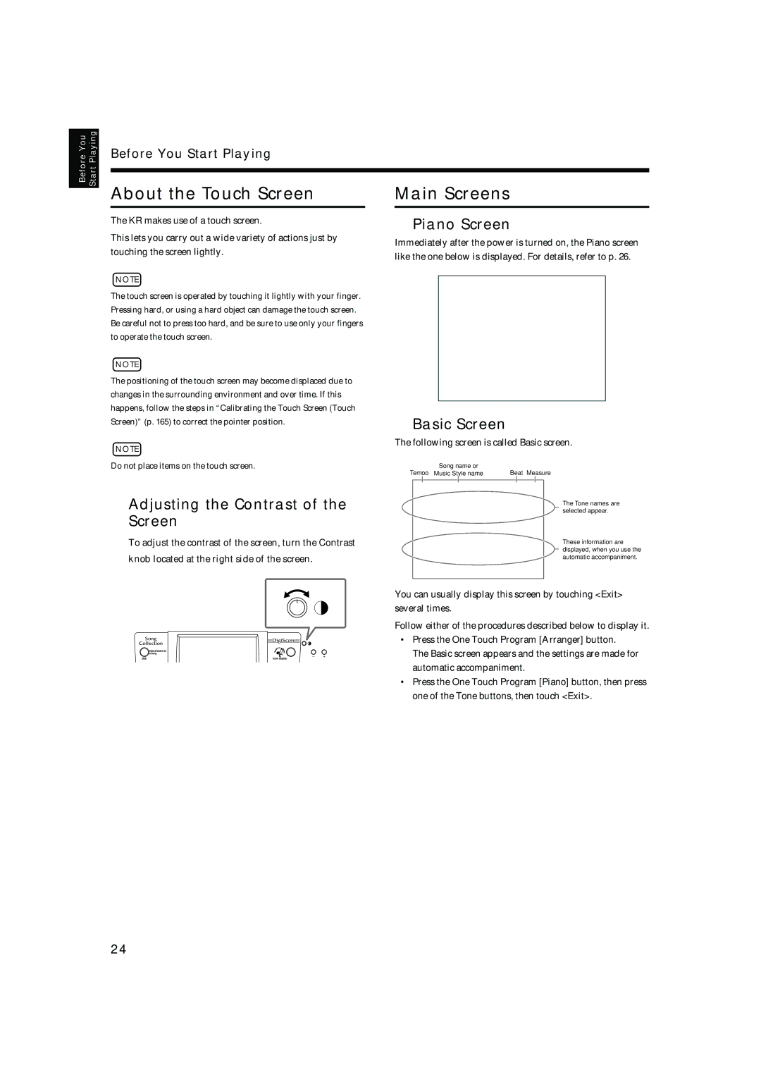 Roland KR-17, KR-15 About the Touch Screen, Main Screens, Piano Screen, Basic Screen, Adjusting the Contrast of the Screen 