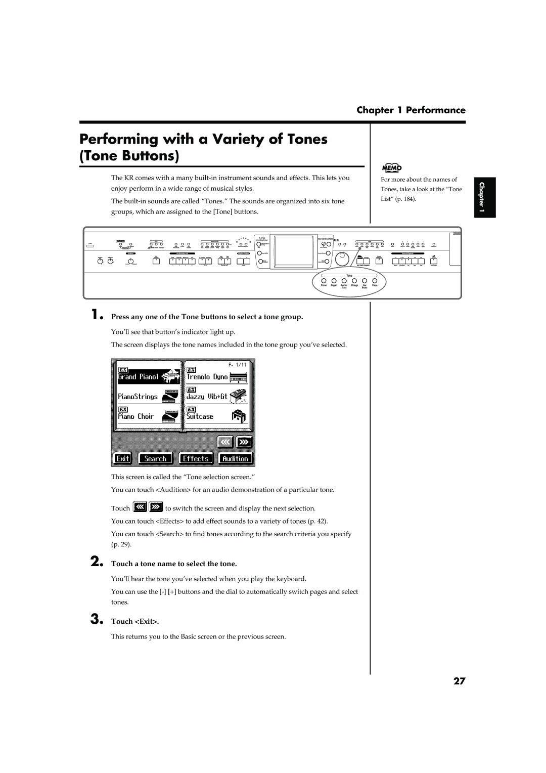 Roland KR-15, KR-17 Performing with a Variety of Tones Tone Buttons, Performance, Touch a tone name to select the tone 