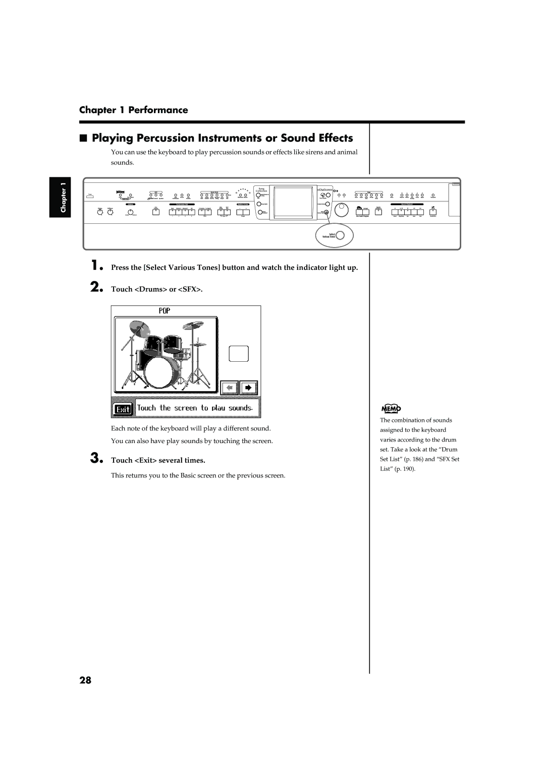 Roland KR-17, KR-15 owner manual Playing Percussion Instruments or Sound Effects, Touch Exit several times 