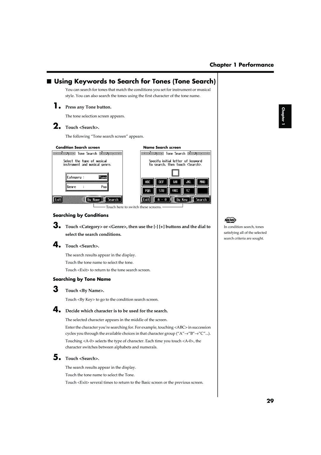 Roland KR-15, KR-17 Using Keywords to Search for Tones Tone Search, Searching by Conditions, Searching by Tone Name 