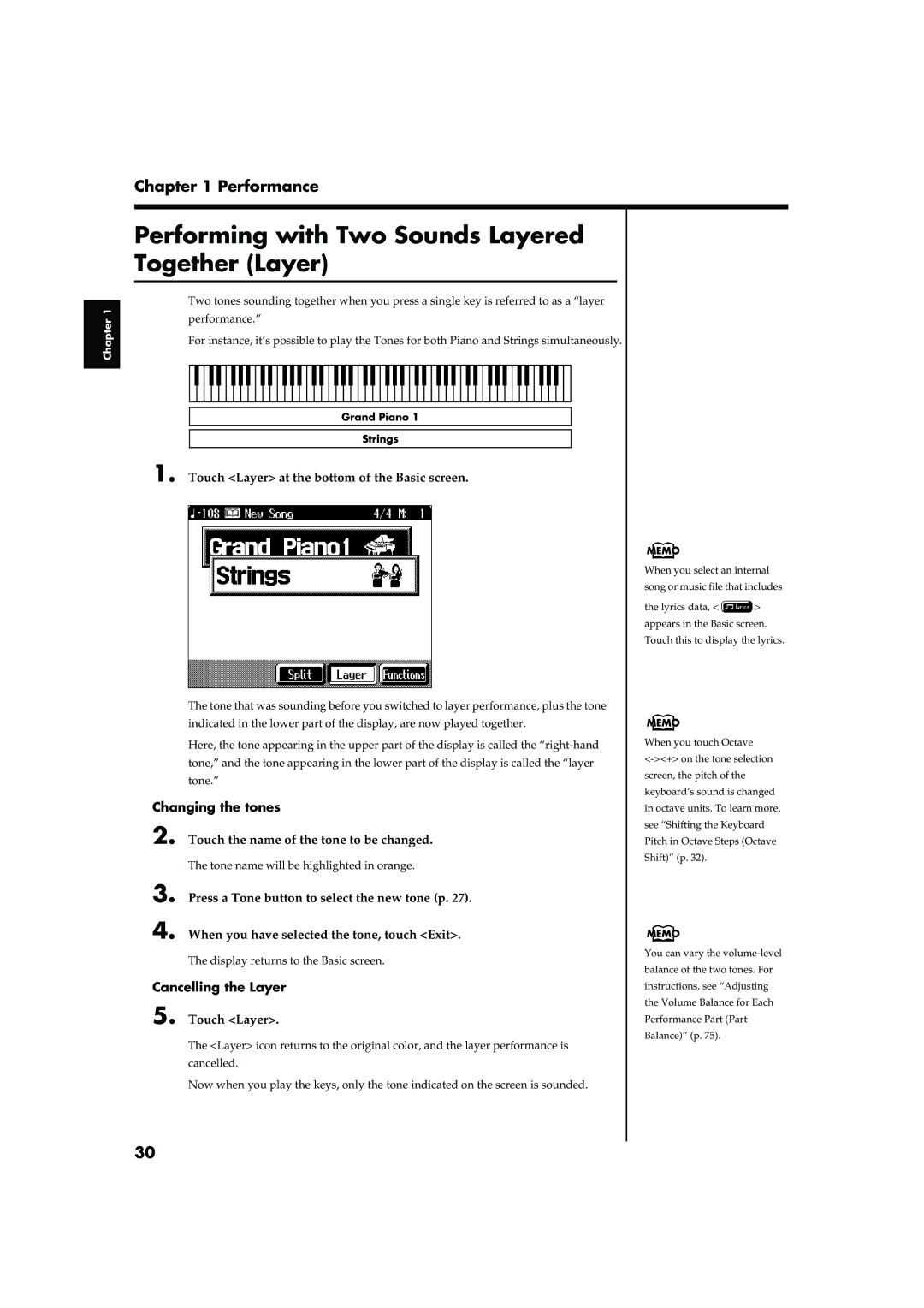 Roland KR-17, KR-15 owner manual Performing with Two Sounds Layered Together Layer, Changing the tones, Cancelling the Layer 