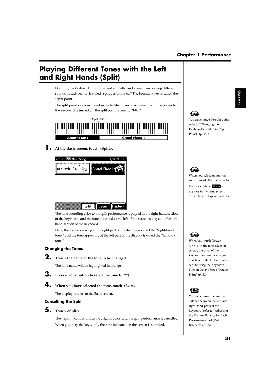 Roland KR-15 Playing Different Tones with the Left and Right Hands Split, At the Basic screen, touch Split, Touch Split 