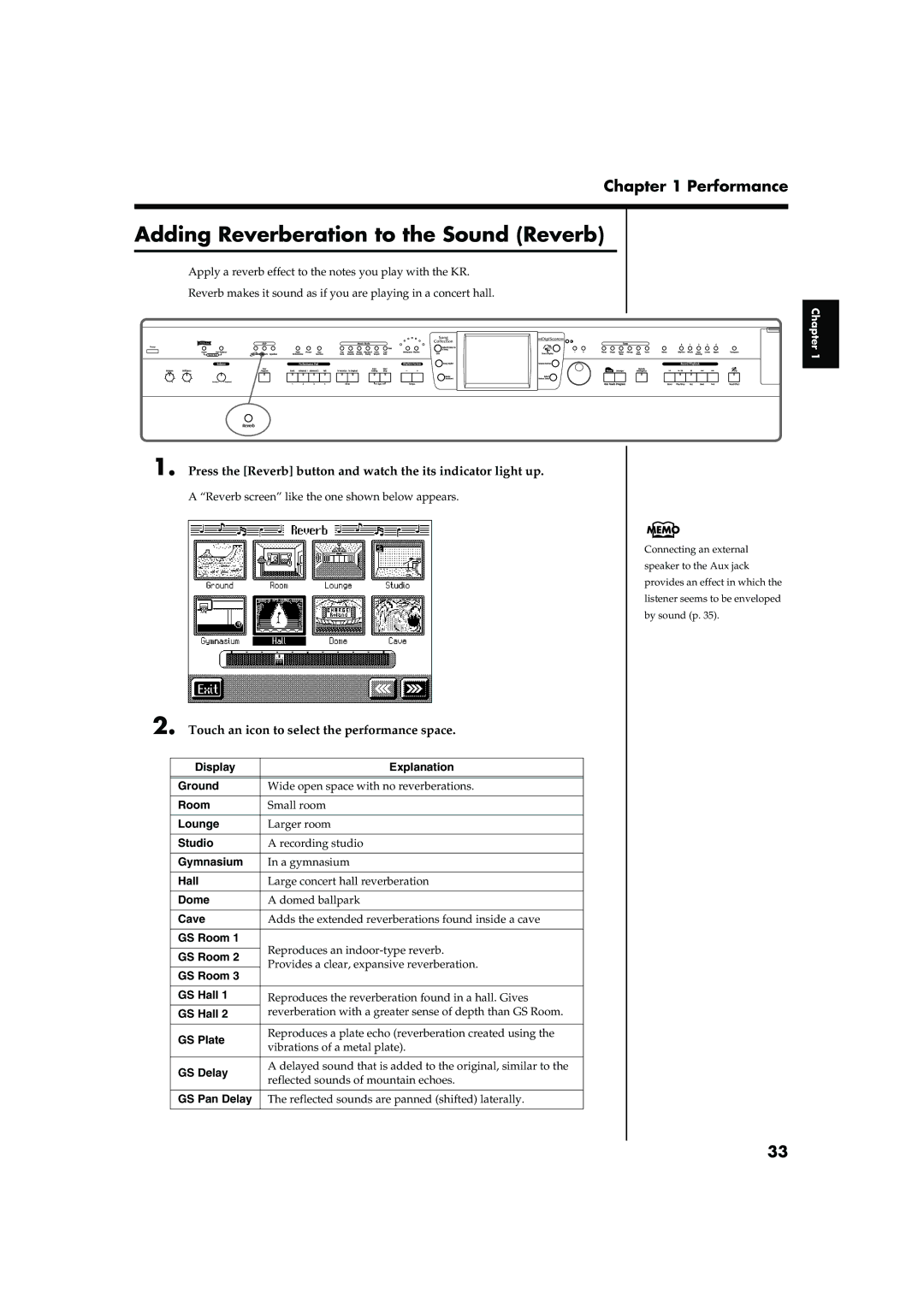 Roland KR-15, KR-17 owner manual Adding Reverberation to the Sound Reverb, Touch an icon to select the performance space 