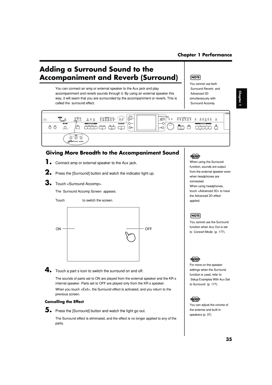 Roland KR-15 Touch a part’s icon to switch the surround on and off, Press the Surround button and watch the light go out 