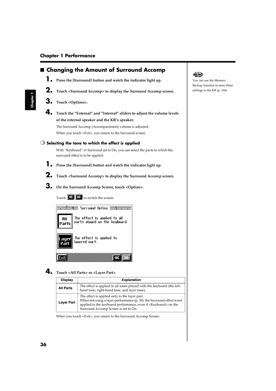 Roland KR-17, KR-15 Changing the Amount of Surround Accomp, Selecting the tone to which the effect is applied, Layer Part 