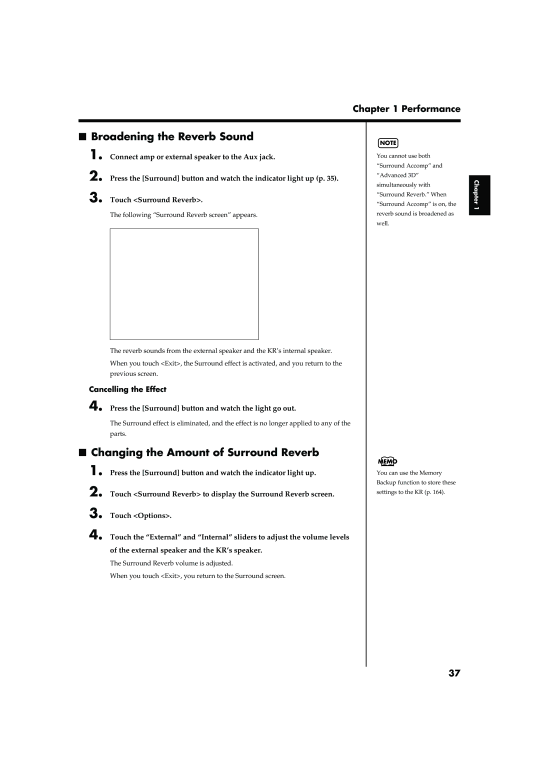 Roland KR-15, KR-17 owner manual Broadening the Reverb Sound, Changing the Amount of Surround Reverb 