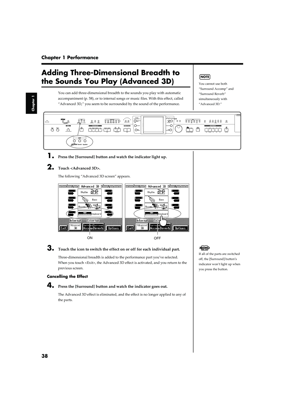 Roland KR-17, KR-15 owner manual Press the Surround button and watch the indicator goes out 