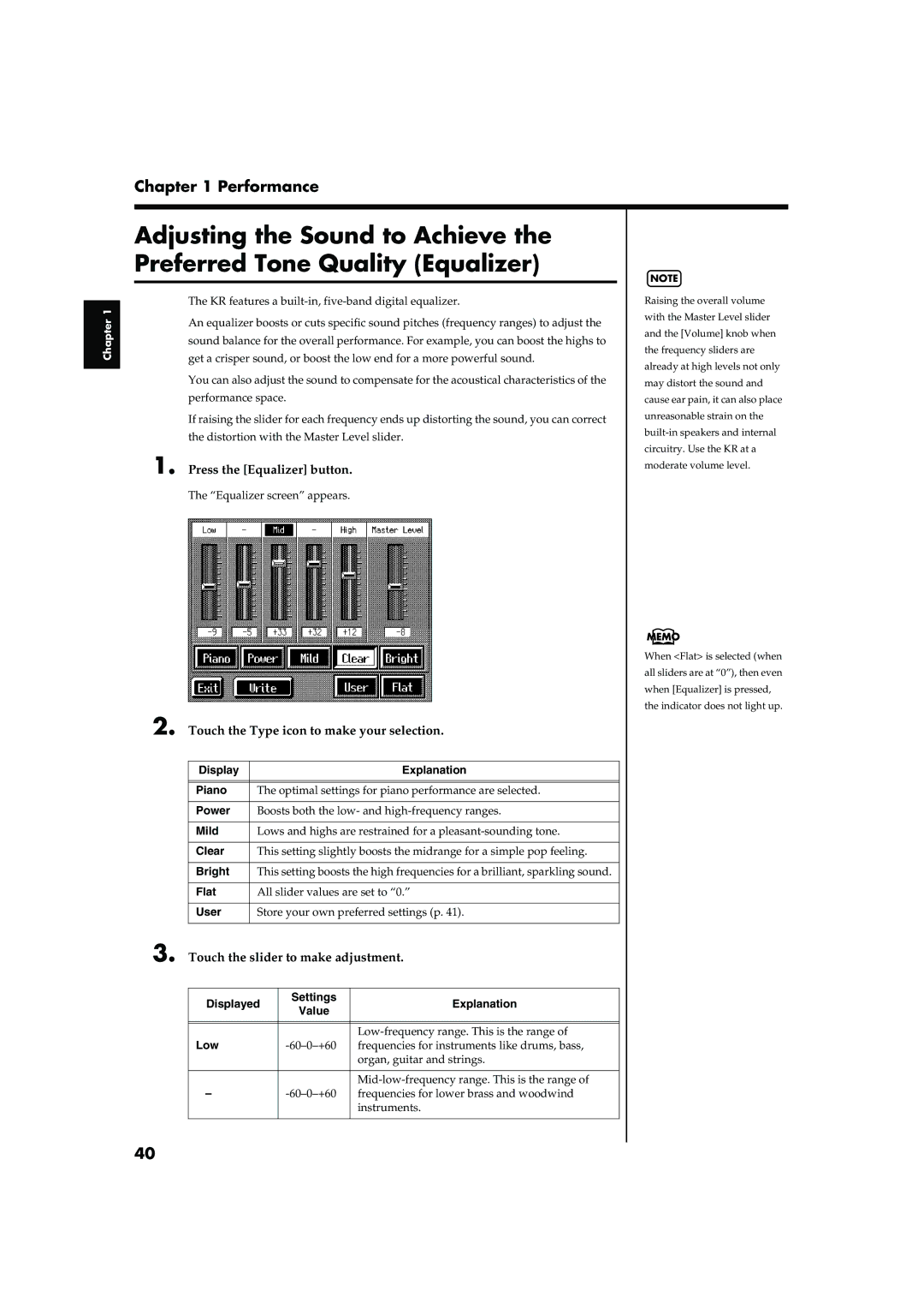 Roland KR-17 Press the Equalizer button, Touch the Type icon to make your selection, Touch the slider to make adjustment 