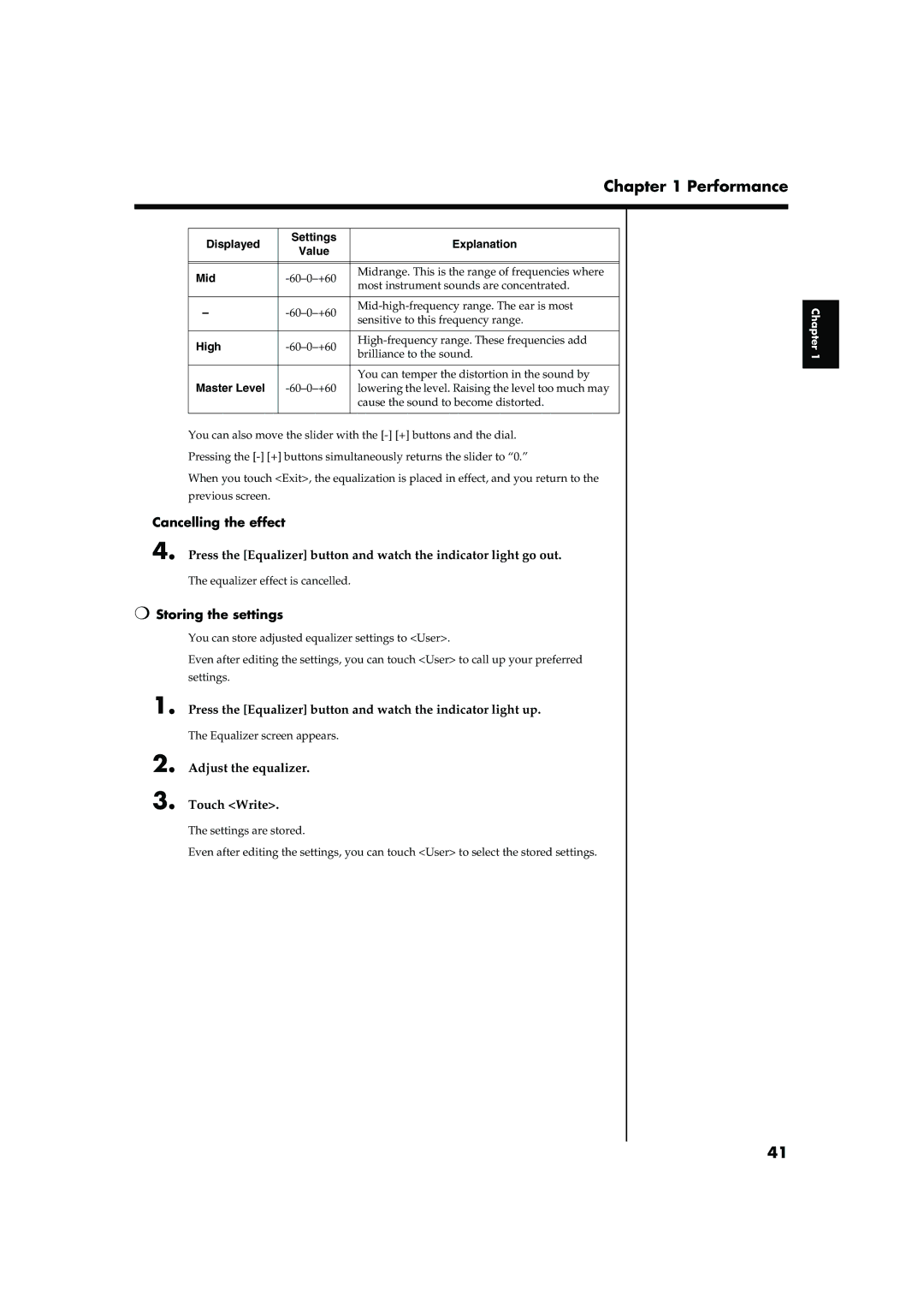 Roland KR-15, KR-17 owner manual Storing the settings, Press the Equalizer button and watch the indicator light up 