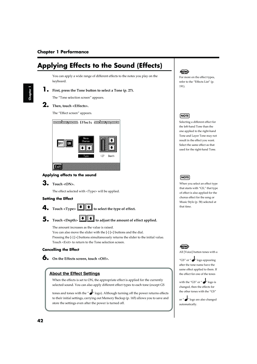 Roland KR-17, KR-15 owner manual Applying Effects to the Sound Effects, Applying effects to the sound, Setting the Effect 