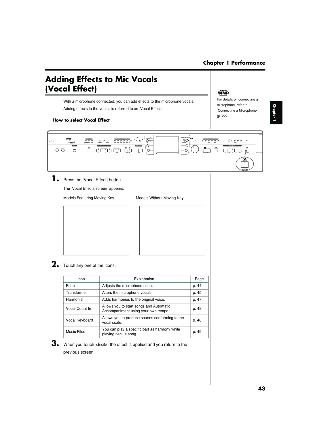 Roland KR-15, KR-17 Adding Effects to Mic Vocals Vocal Effect, How to select Vocal Effect, Press the Vocal Effect button 