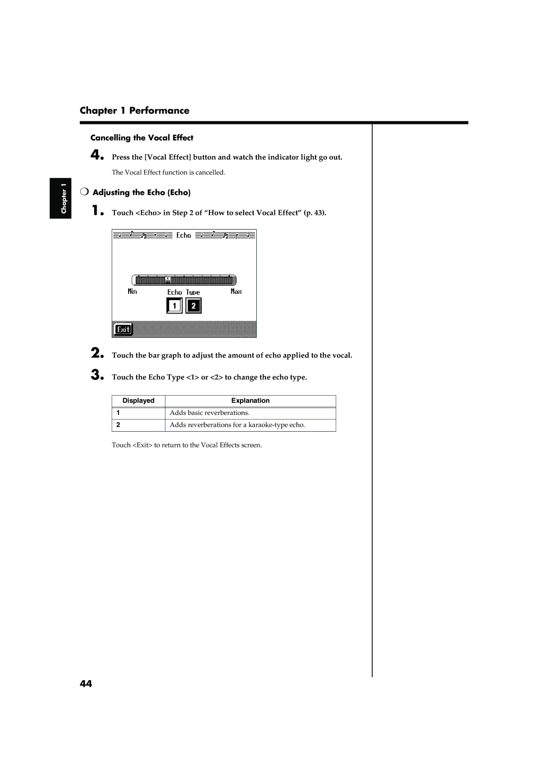 Roland KR-17, KR-15 owner manual Cancelling the Vocal Effect, Adjusting the Echo Echo, Displayed Explanation 