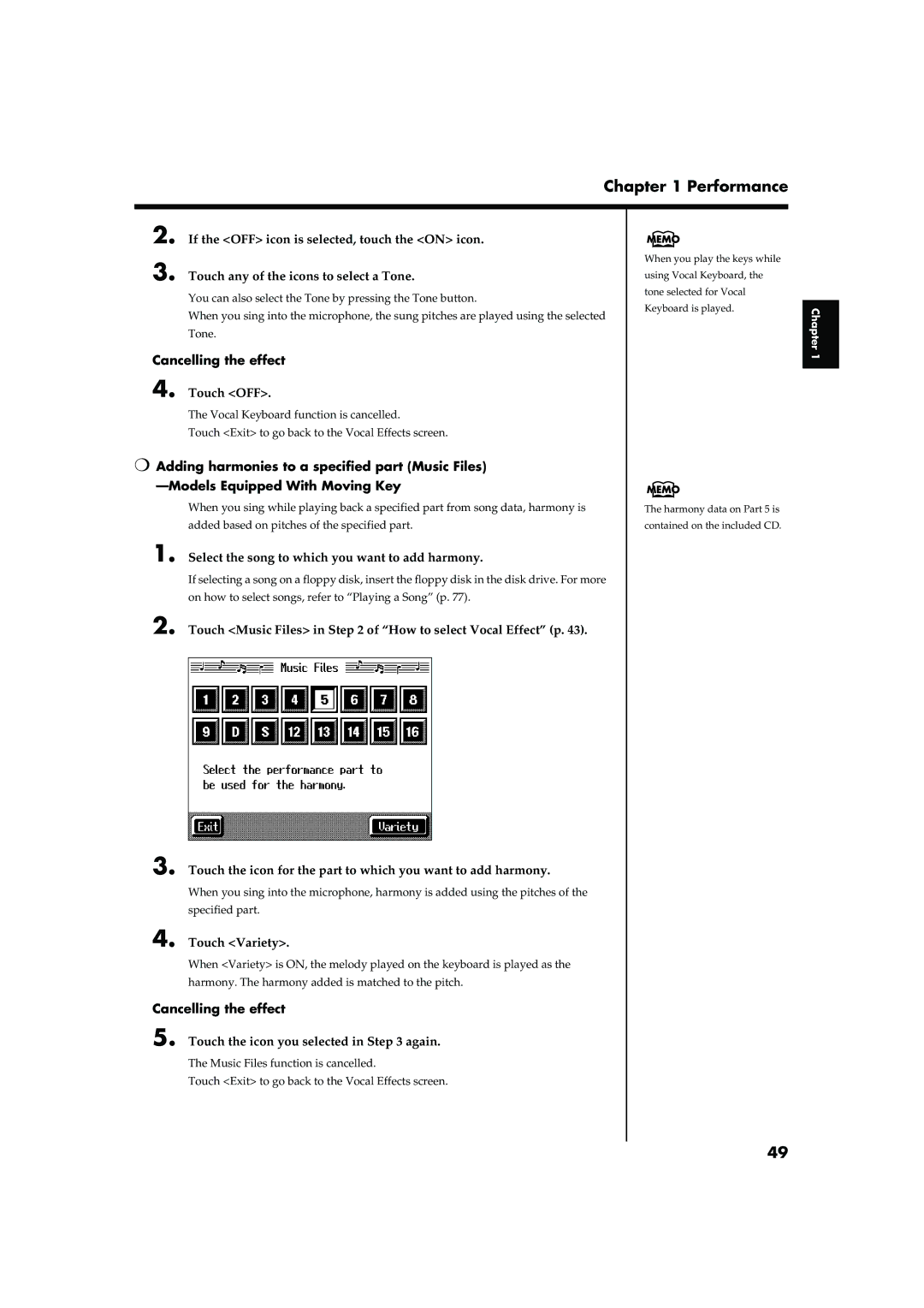 Roland KR-15, KR-17 owner manual Touch OFF, Select the song to which you want to add harmony, Touch Variety 