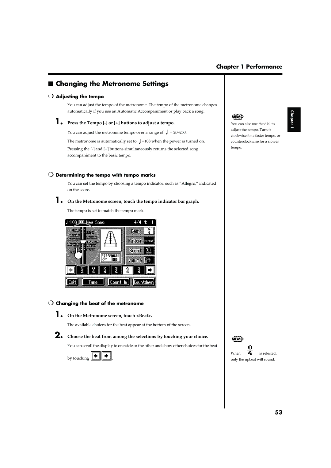 Roland KR-15, KR-17 Changing the Metronome Settings, Adjusting the tempo, Determining the tempo with tempo marks 